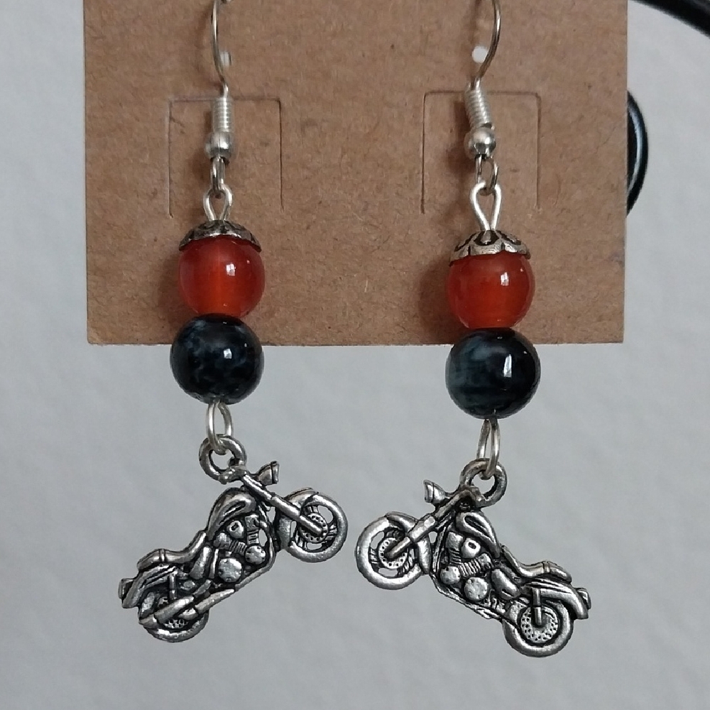 Silver and Red Motorcycle Charm Earrings